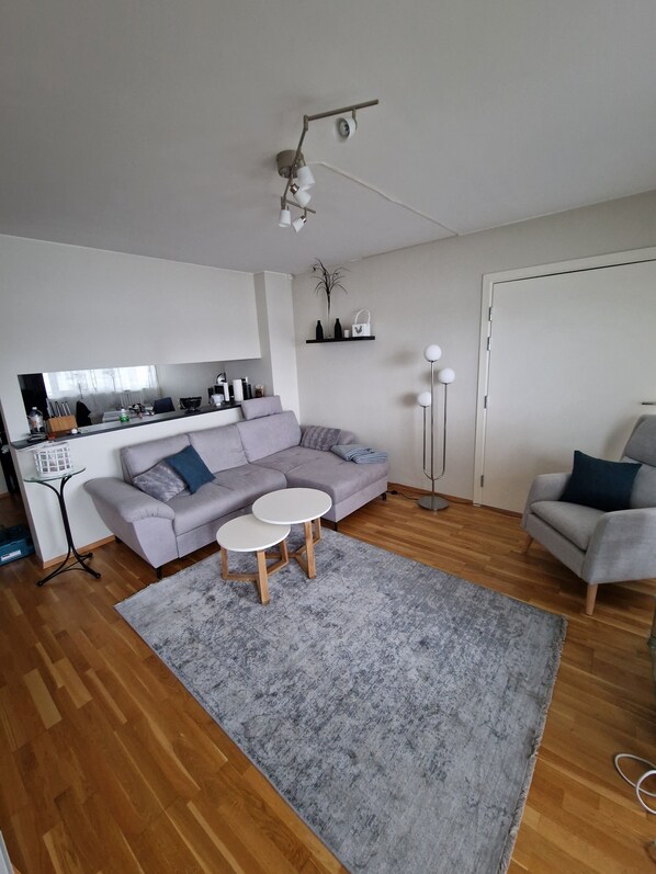 Un salon moderne avec un canapé gris, deux petites tables rondes blanches, un tapis gris, un parquet, un fauteuil gris, une lampe sur pied, une étagère avec des objets décoratifs et une porte.