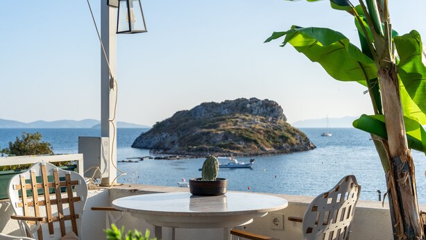 A round table with a potted cactus, white chairs, and a view of a rocky island and boats in the background. - Liman Hotel Gumusluk- Adult Only (Bodrum)