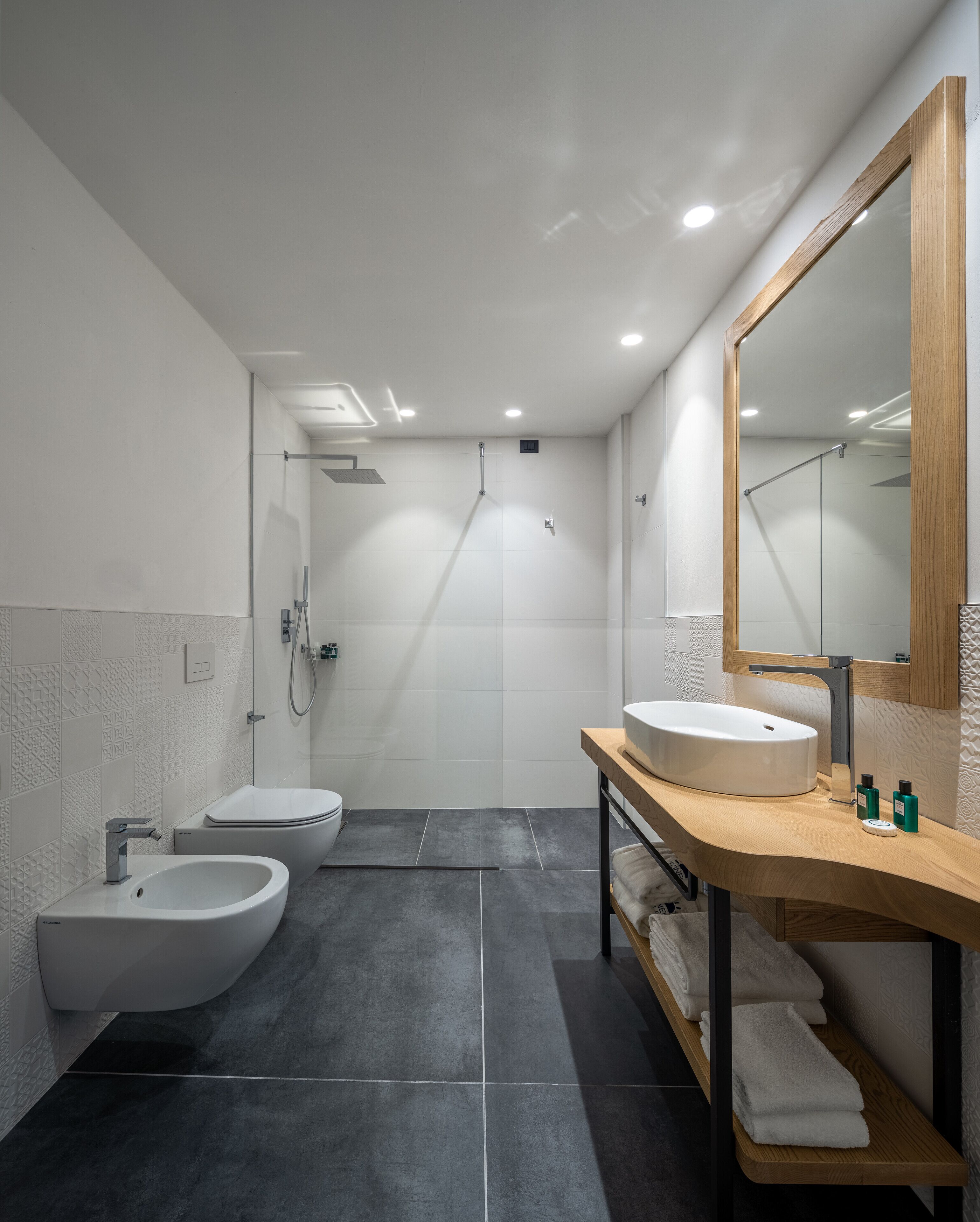Shower, hair dryer, bidet, towels
