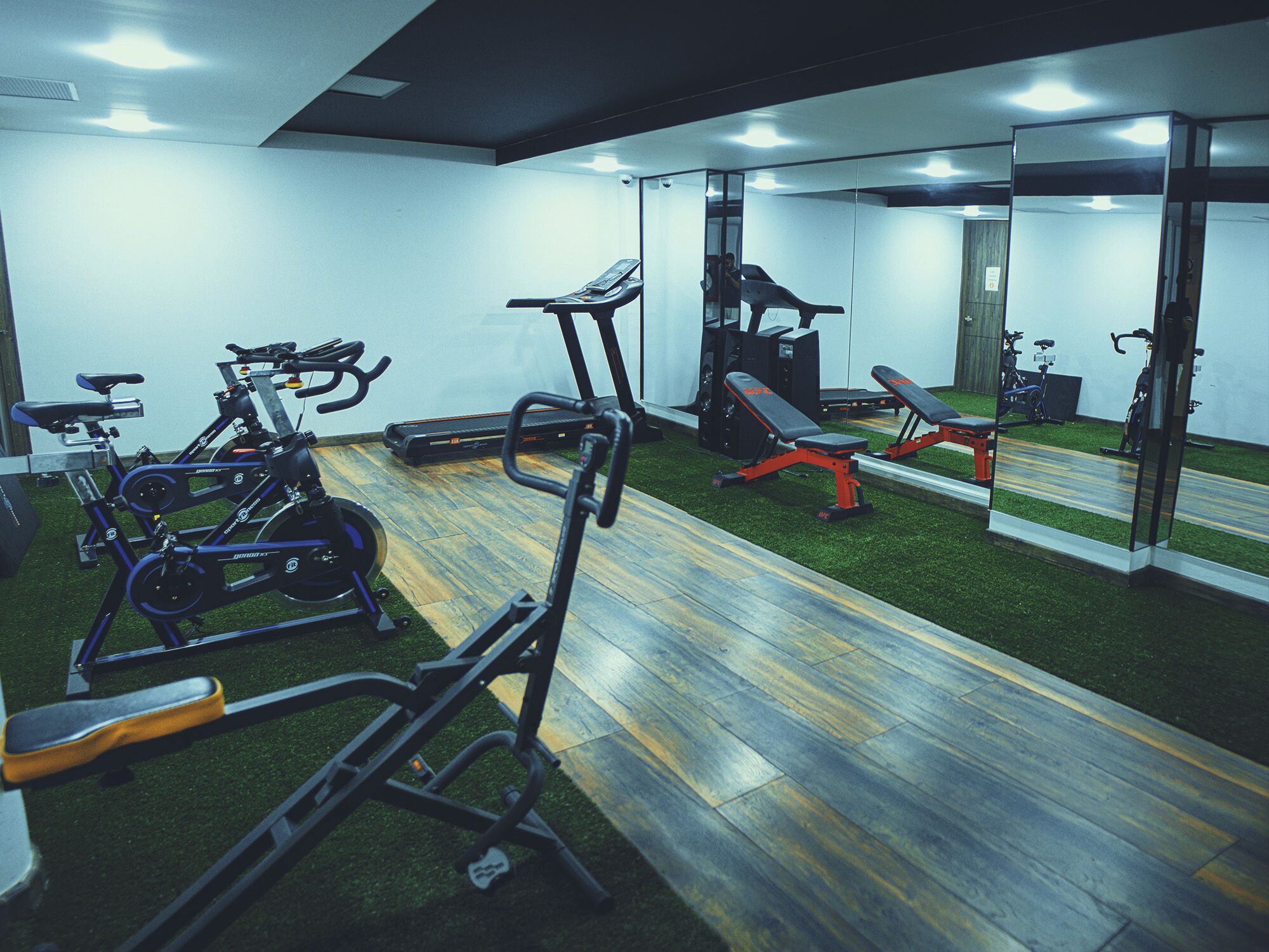 Een sportschool met trainingsapparatuur, een spiegel en een vloer van kunstgras.
