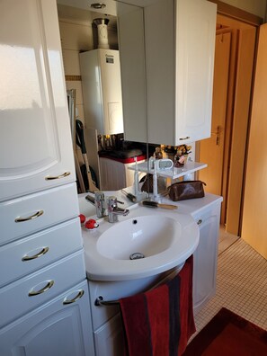 Shower, hair dryer, towels, toilet paper