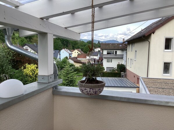 En balkon med en hængende plante, en metalrør og udsigt til huse i baggrunden.