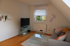 Un salon moderne avec un téléviseur à écran plat posé sur une table basse en verre, un canapé avec des coussins, un radiateur et une fenêtre équipée de stores.