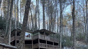 Eine Holzhütte mit einer Steinstufe, die zu einer Holzterrasse führt, umgeben von Bäumen.
