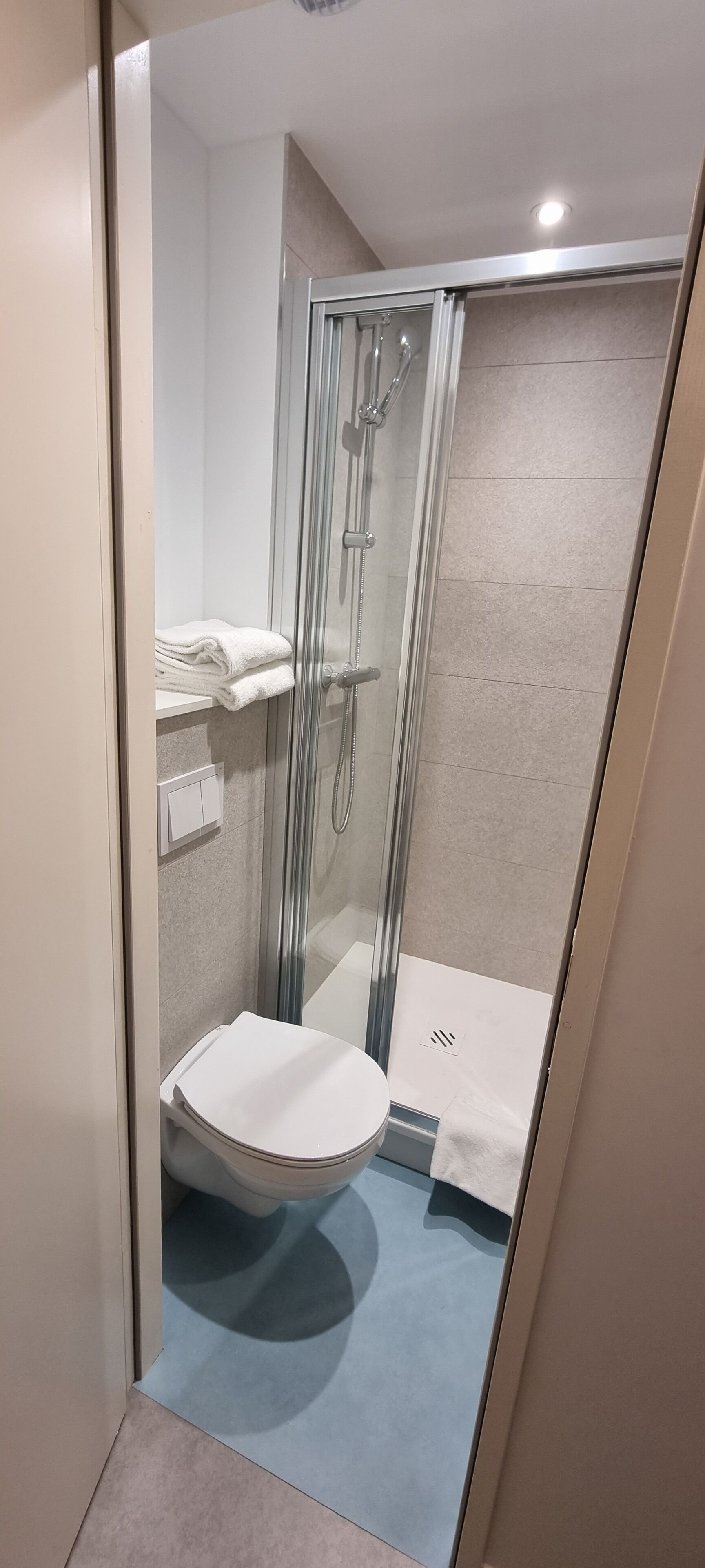 A modern bathroom with a glass-enclosed shower, a white toilet, and a blue floor.