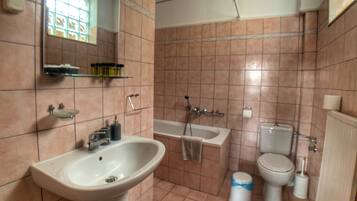 A bathroom with a sink, bathtub, toilet, and a mirror.