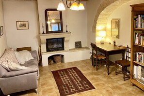 Smart TV, fireplace, DVD player, books