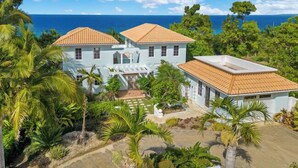 A coastal property with two light blue buildings, a covered patio, and a view of the ocean. - Tranquilo/Stunning Sanctuary (Rincon)