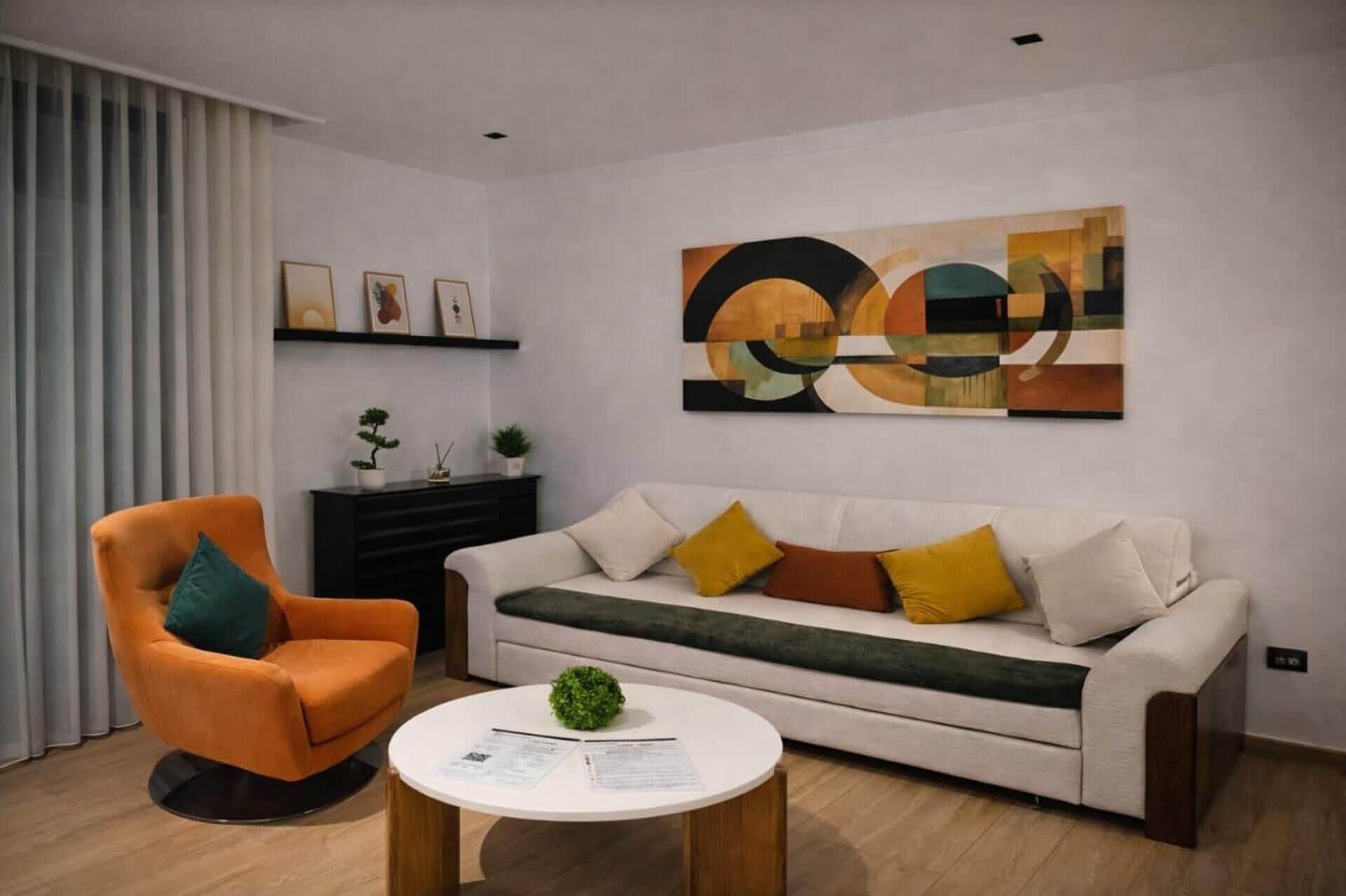 Ein modernes Wohnzimmer mit einer Couch, einem runden Couchtisch und einem Sessel. An der Wand hängt ein Gemälde und auf dem Beistelltisch steht eine kleine Pflanze.