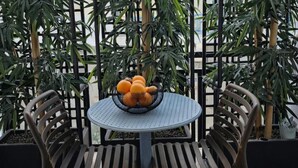 A round table with a fruit basket, two chairs, and a bamboo fence in the background. - Captivating 2-bed Apartment in Tunis (Tunis)