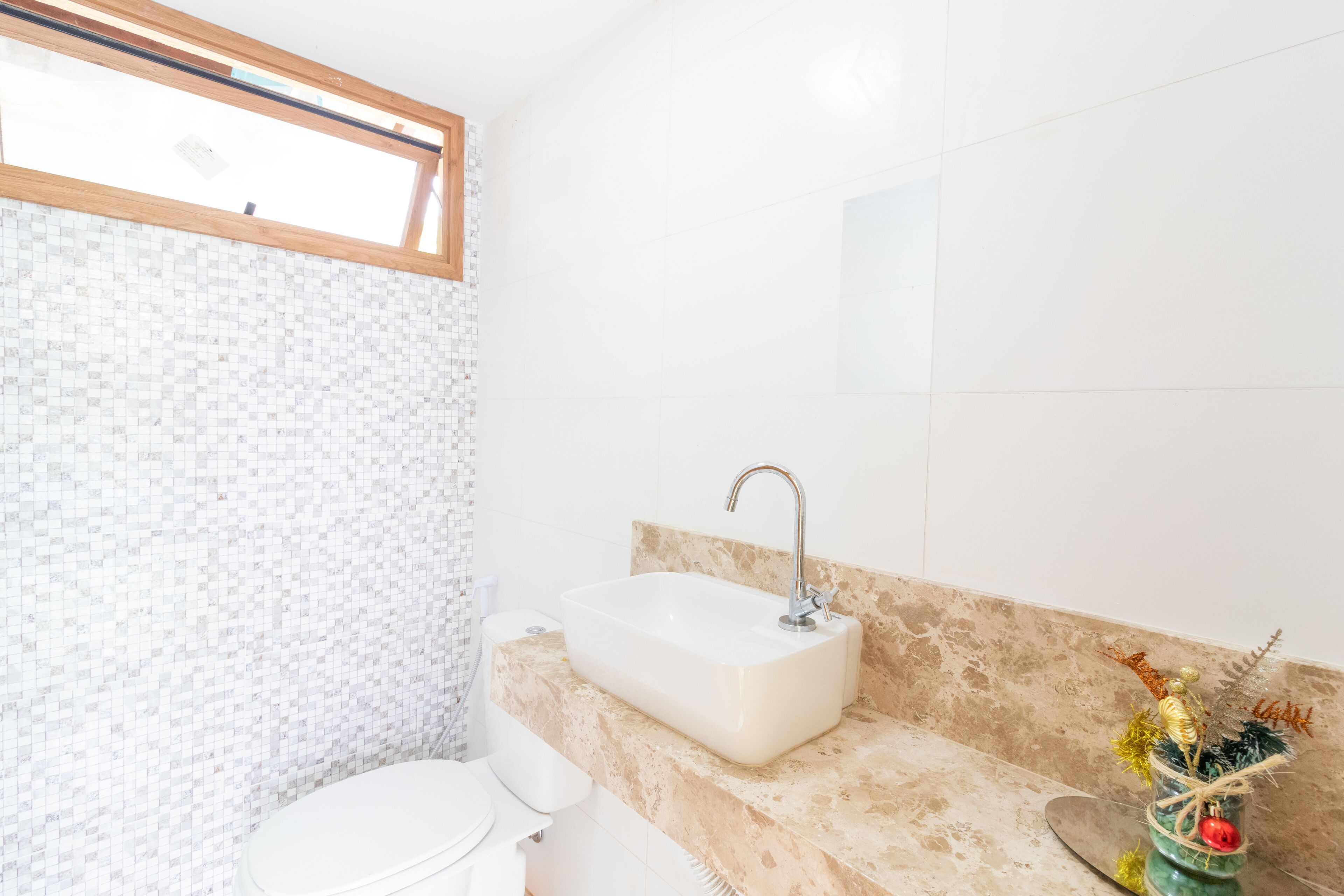 Un bany amb un vàter blanc, un lavabo amb aixeta i una planta decorativa al taulell.