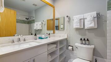 Secador de pelo, toallas, shampoo, papel higiénico