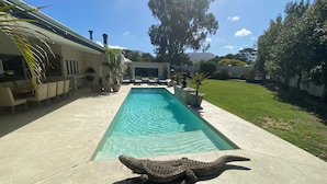 En swimmingpool med en stor alligator på poolområdet.