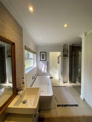 Combined shower/bathtub, hair dryer, towels, toilet paper
