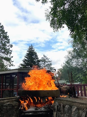 A campfire with logs and a metal grate, surrounded by trees and a wooden structure.