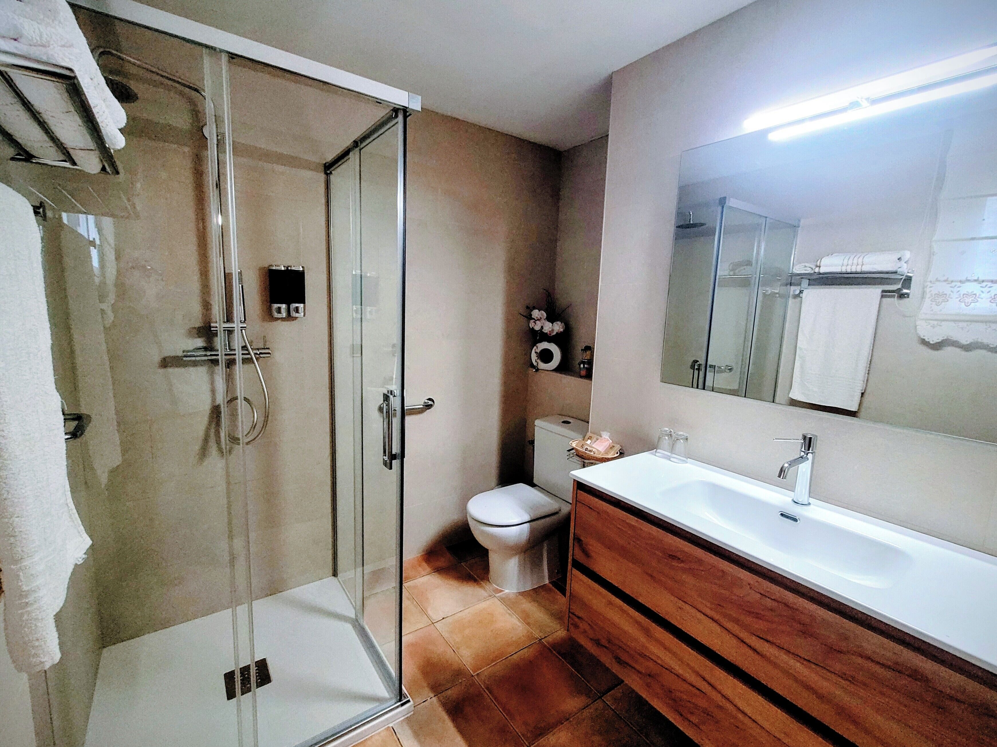 Shower, free toiletries, hair dryer, bathrobes