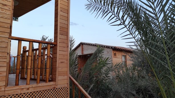 A wooden cabin with a balcony, surrounded by dense foliage. - Karabibik Bungalow (Demre)