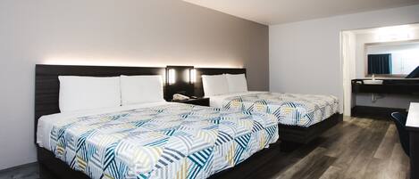 Desk, laptop workspace, blackout curtains, iron/ironing board