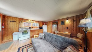 Comfort Cabin, 1 Bedroom, Kitchen, Lake View | Living area | 32-inch flat-screen TV with satellite channels, TV, DVD player - Marr's Mountain Cabins (Red Feather Lakes)