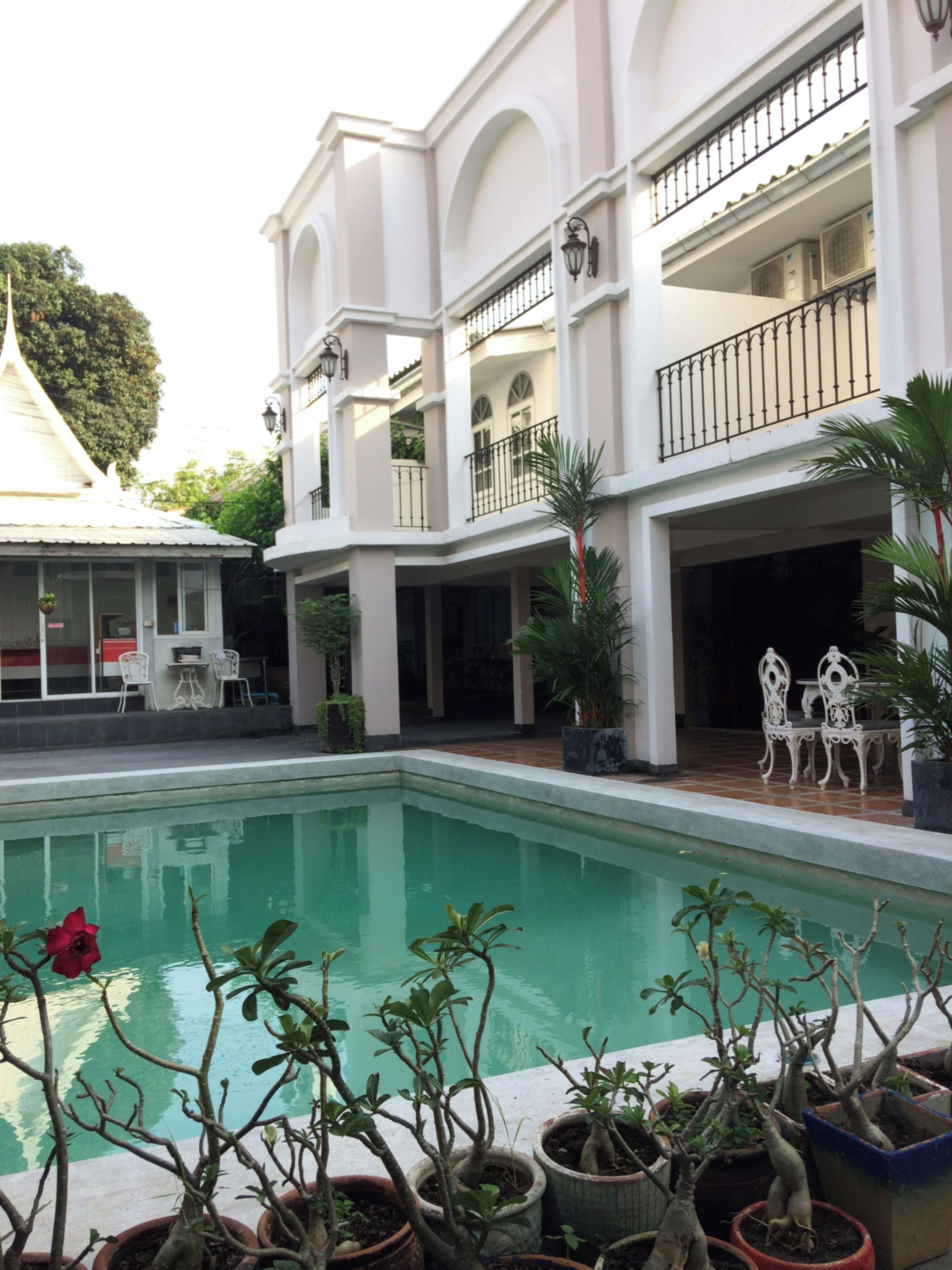 A pool surrounded by potted plants and white furniture.