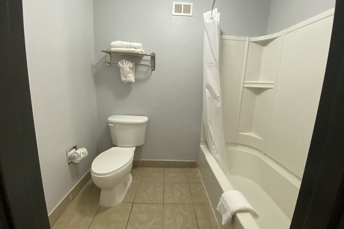 Een badkamer met toilet, een handdoekrek met handdoeken, een douchegordijn en een toiletpapierhouder.