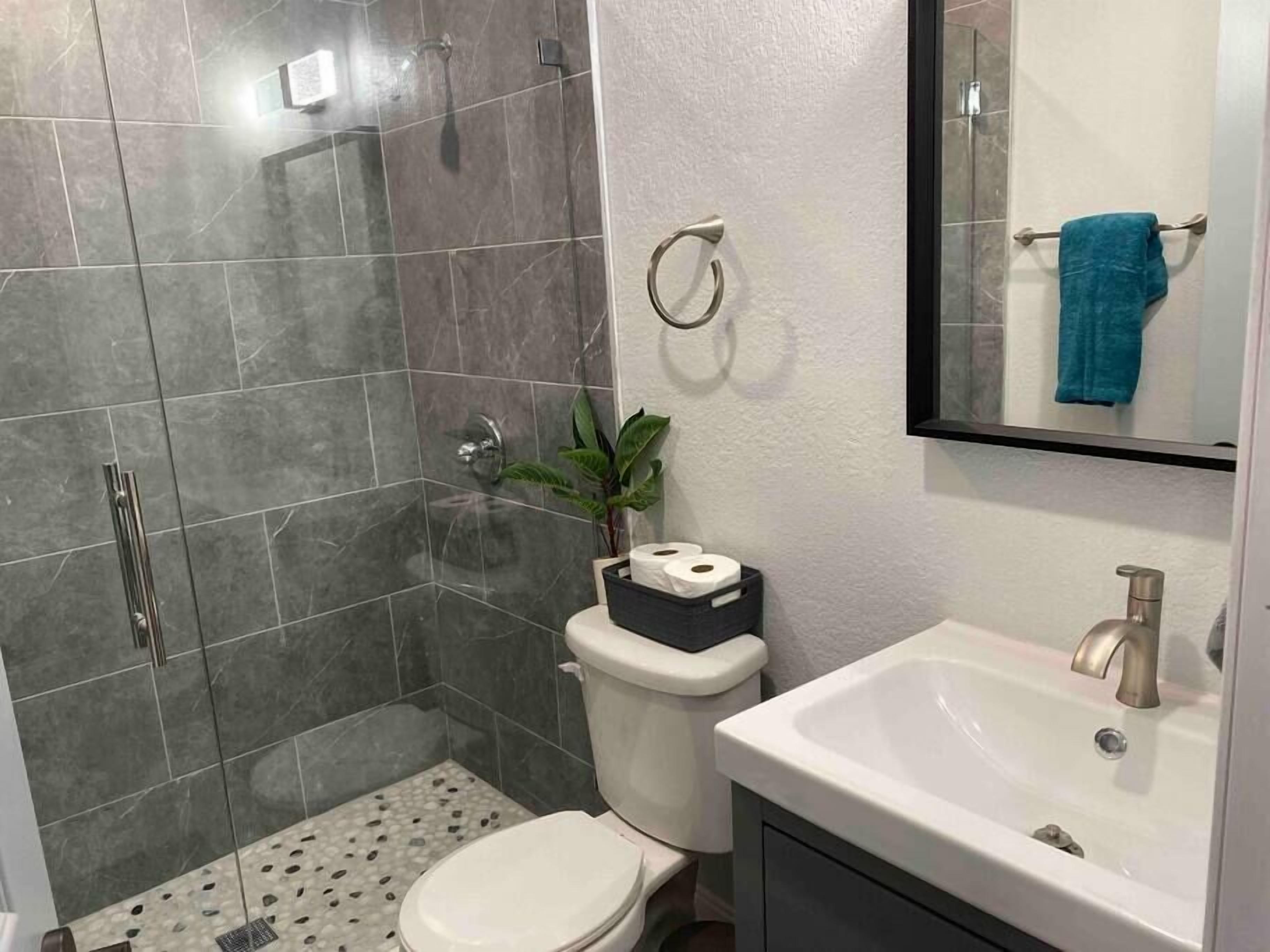 Een badkamer met een douche, toilet, wastafel en een spiegel.