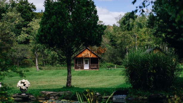 A wooden cabin with a porch, surrounded by a pond and greenery.