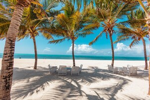 A beach with palm trees and white lounge chairs.