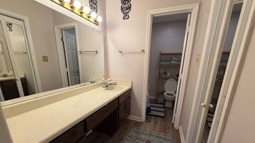 A bathroom with a large mirror, vanity, and a toilet visible through an open door.