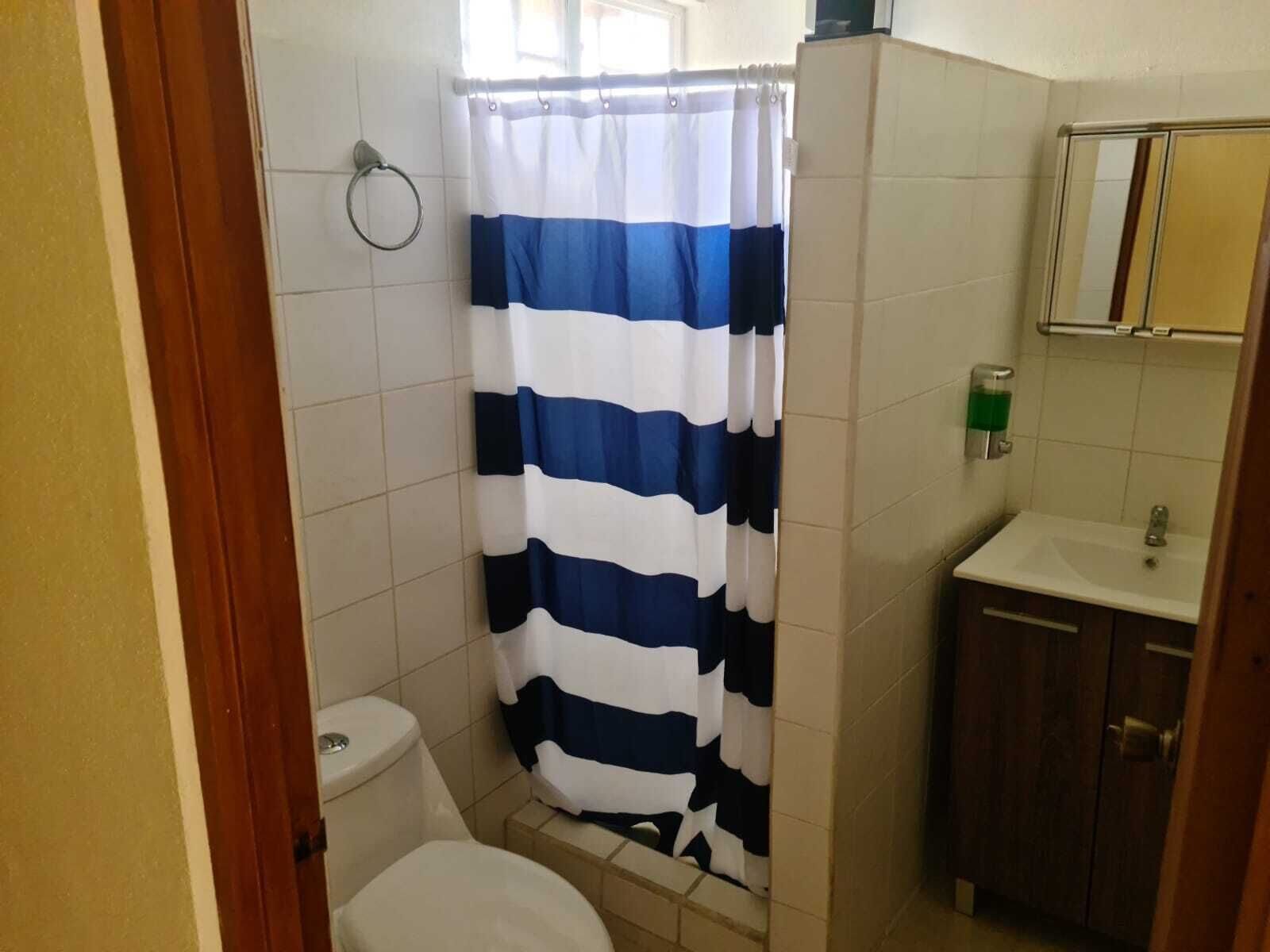 Ett litet, kompakt badrum med en toalett, en duschdraperi och ett handfat.