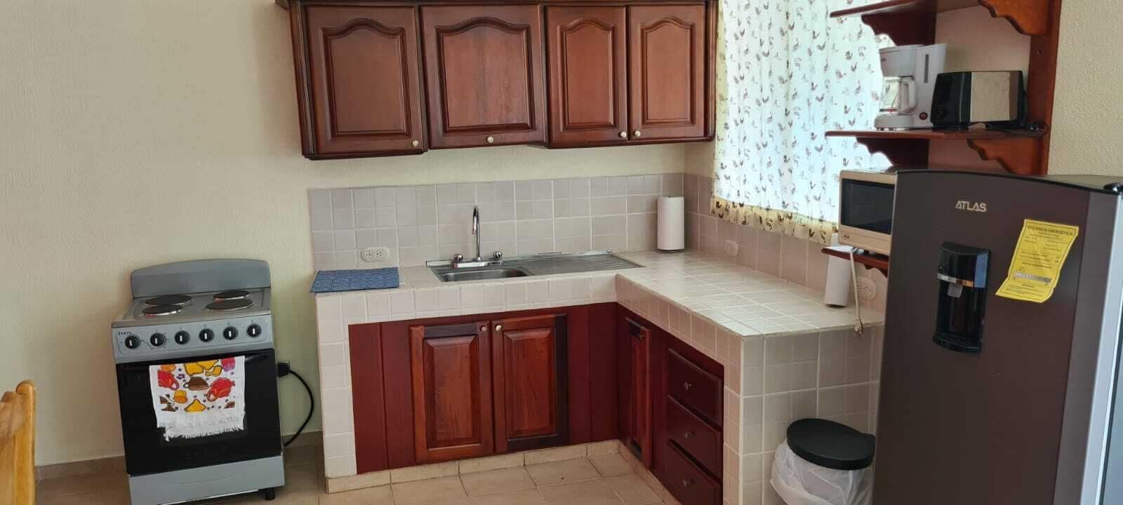 Una cocina compacta con armarios de madera, estufa, lavamanos y refrigerador.