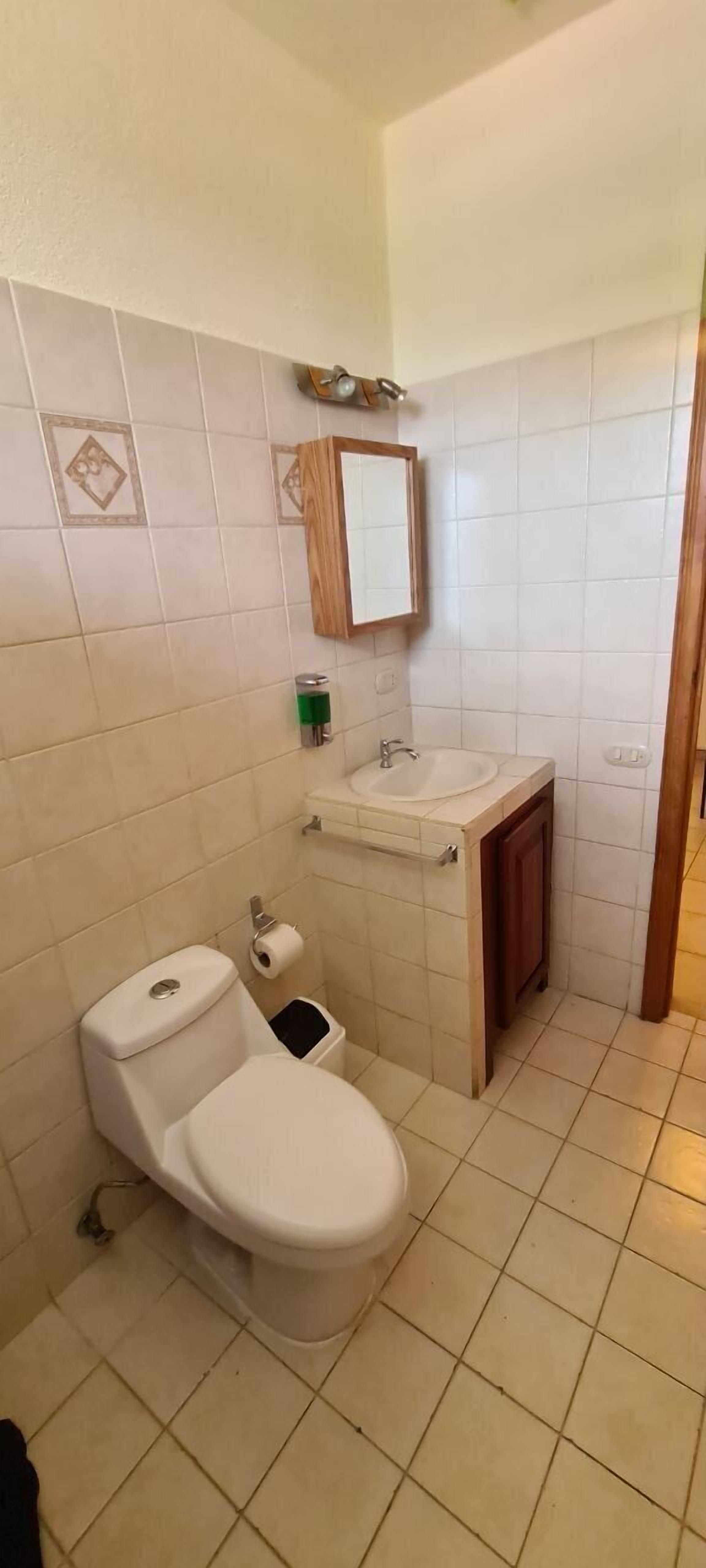 A small bathroom with a toilet, sink, and mirror.