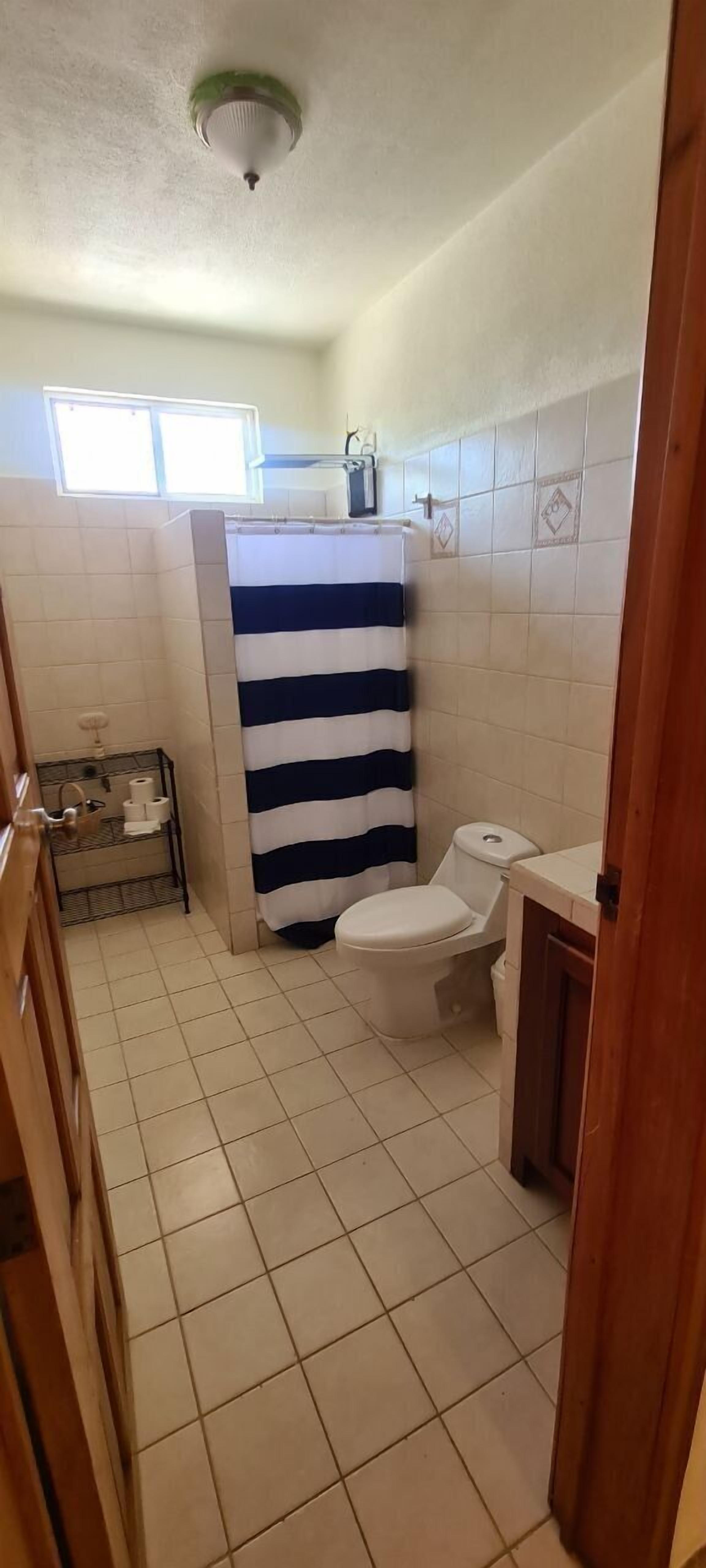 Un baño pequeño con inodoro, cortina de ducha y un estante con artículos de aseo.