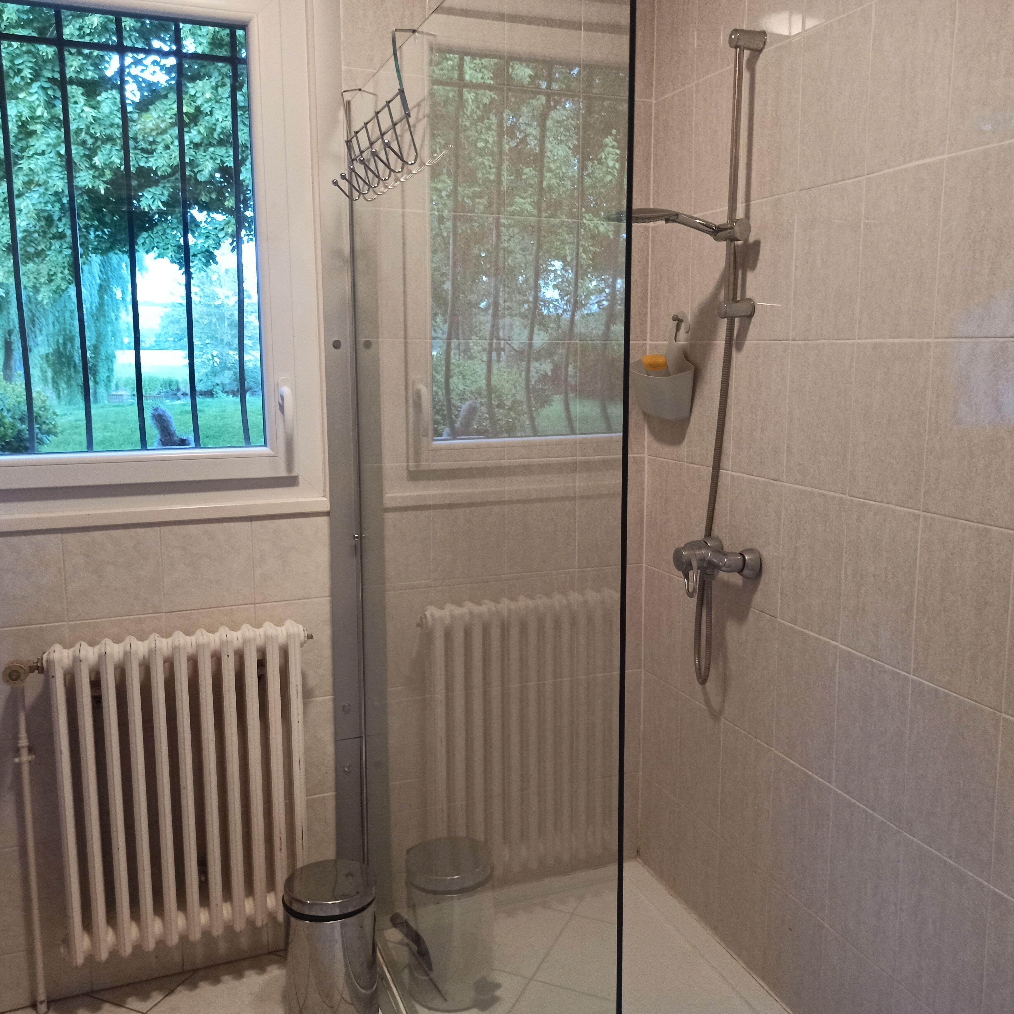 Een douche, een haardroger, handdoeken, zeep