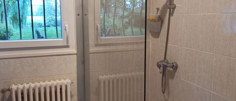 Une douche fermée par des parois de verre, dotée d’un pommeau de douche à main, d’une porte en verre et d’une fenêtre donnant sur les arbres.