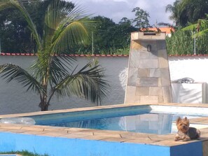 Une piscine avec une structure en pierre et un chien assis au bord.