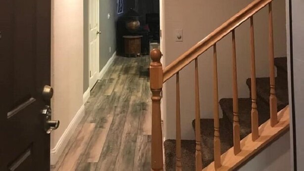 Un couloir avec un escalier en bois, une porte sur la gauche et une pièce sombre au fond.