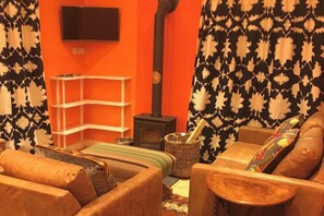 Televisión, chimenea y estéreo 