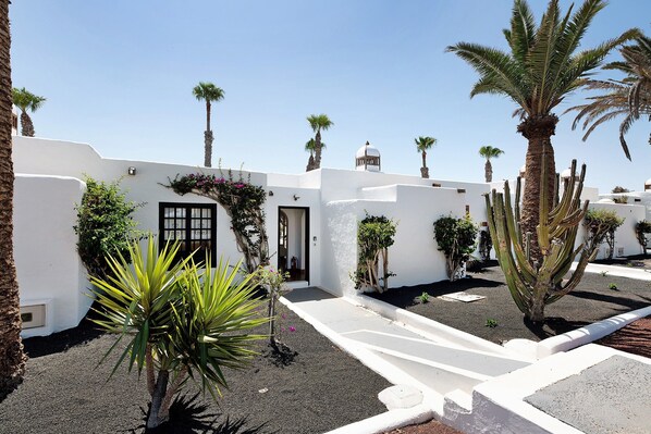 A courtyard with white walls, palm trees, and a cactus.