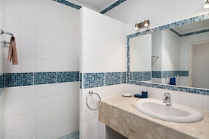 Shower, hair dryer, towels