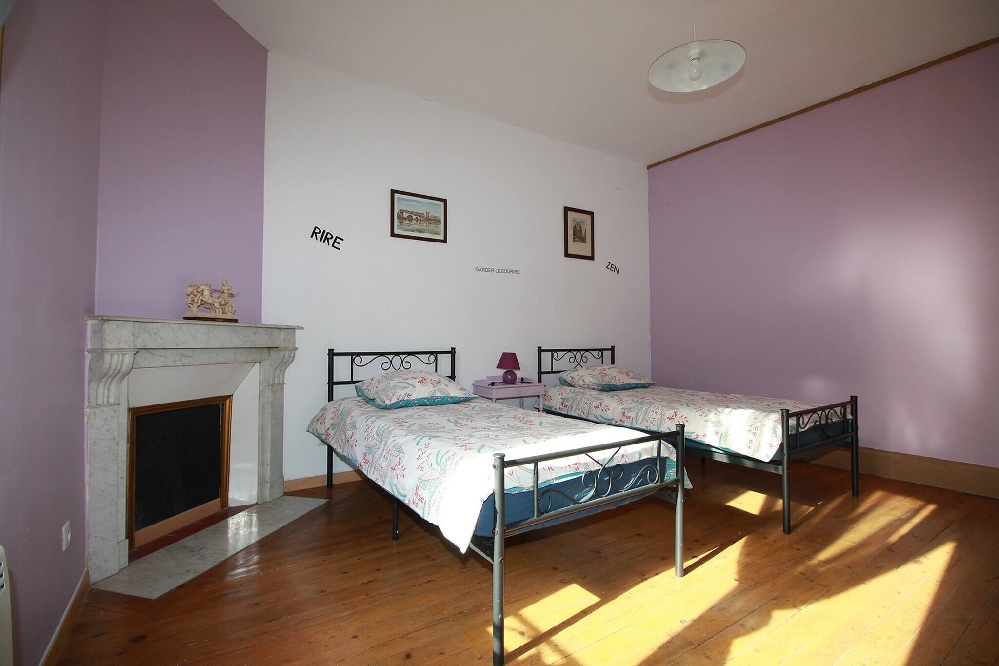 A bedroom with two single beds, a fireplace, and a ceiling light fixture.