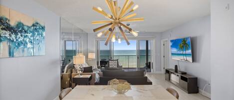 Smart TV, fireplace, books