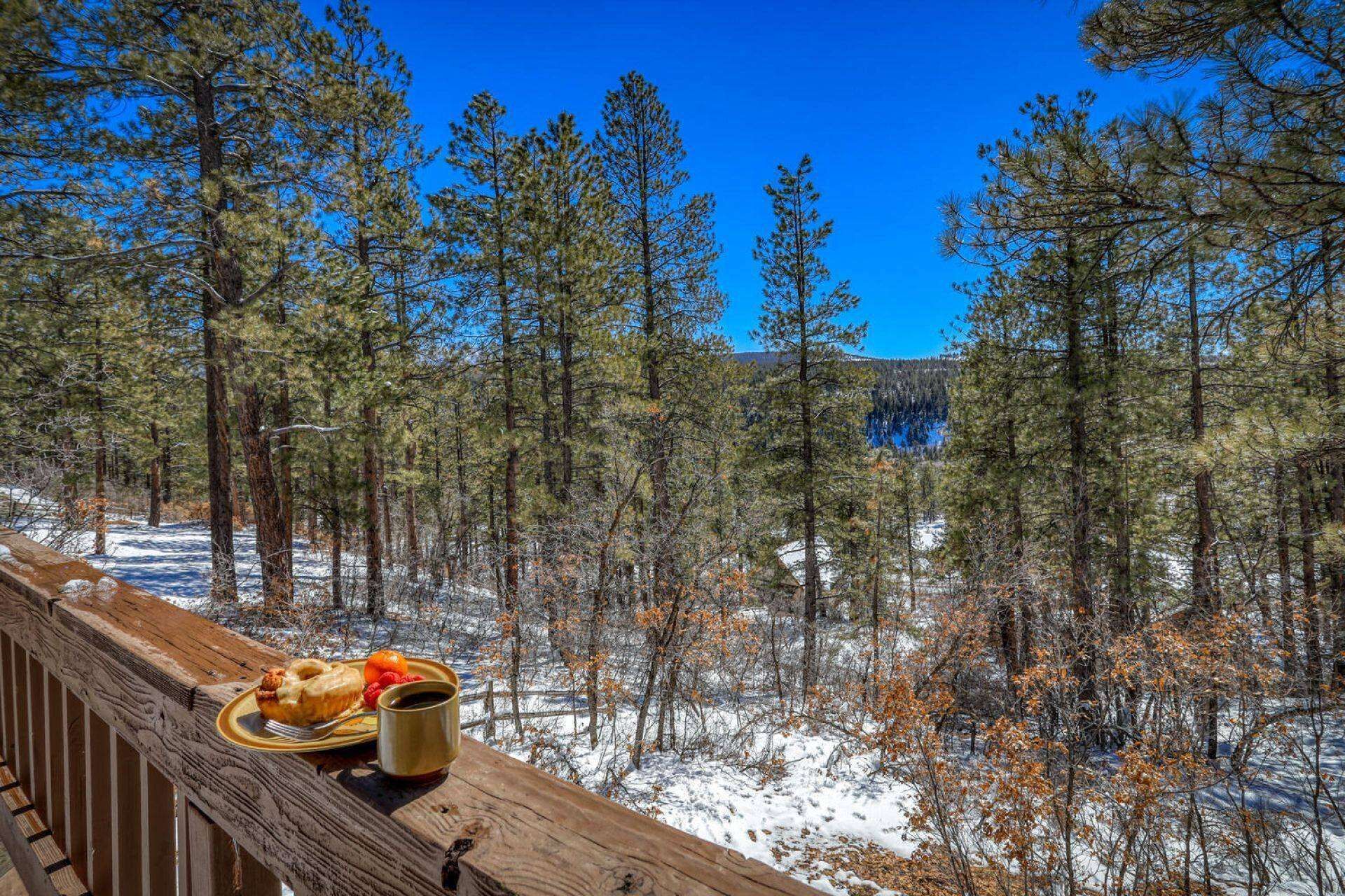 Une terrasse en bois aménagée pour le petit-déjeuner, avec vue sur une forêt enneigée.