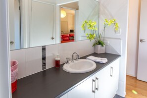 A modern bathroom with a white sink, a large mirror, and a potted yellow orchid. - Unique Cottages Gawler (Gawler South)