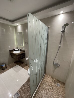 Douche, douche à « effet pluie », sèche-cheveux, bidet