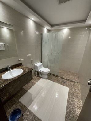Deluxe tweepersoonskamer | Badkamer | Een douche, een regendouche, een haardroger, een bidet