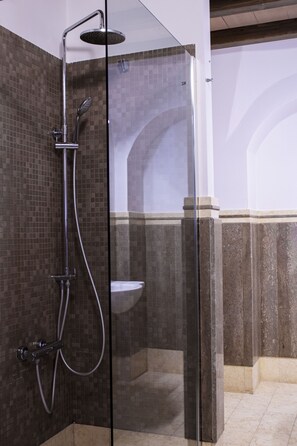 Douche, douche cascade, séchoir à cheveux, pantoufles