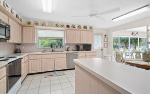 Fridge, microwave, dishwasher, coffee/tea maker