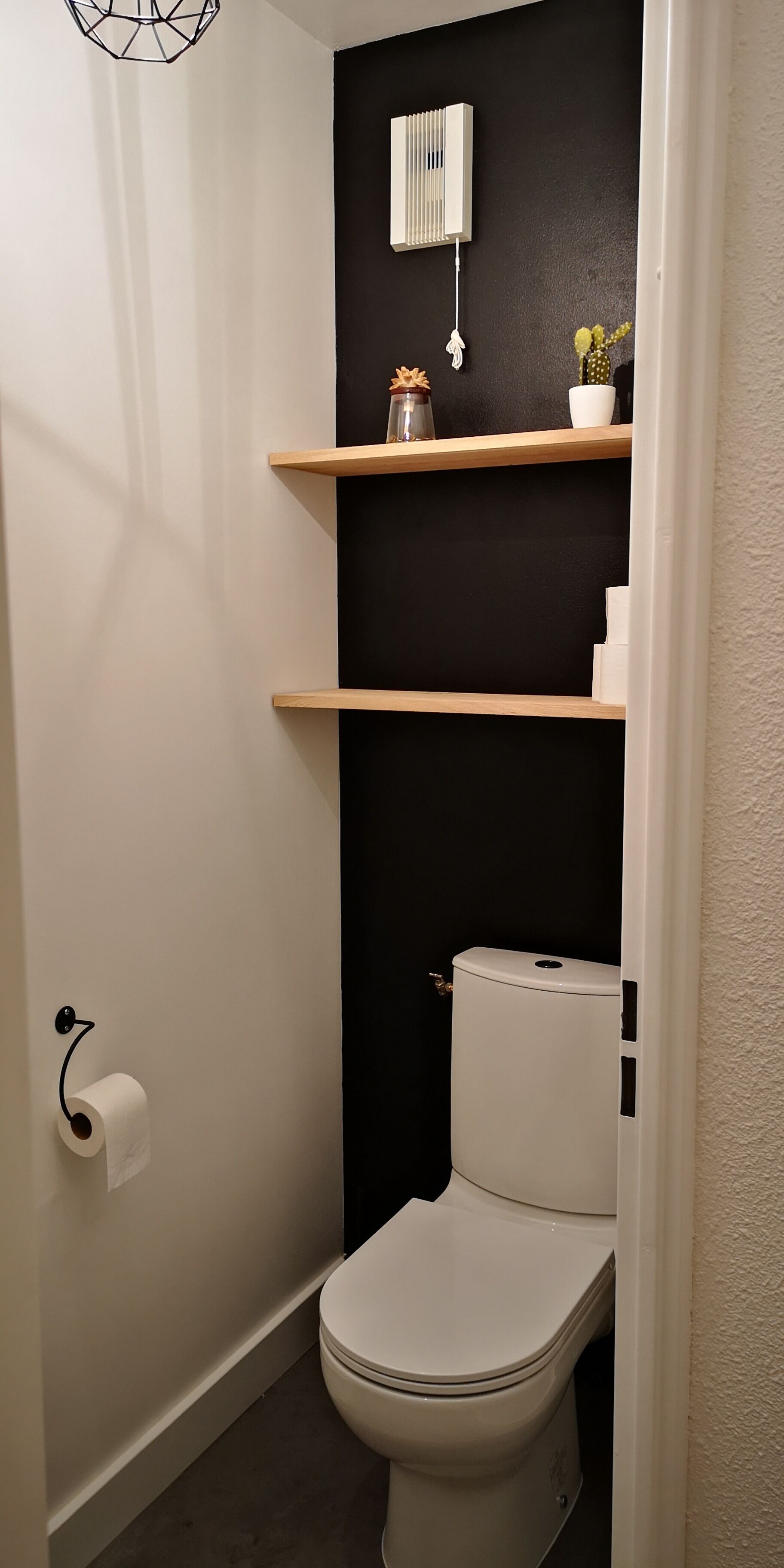 A small bathroom with a toilet, a roll of toilet paper, and two wooden shelves with decorative items.