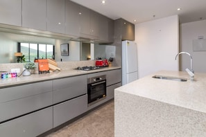 A modern kitchen with grey cabinets, a stainless steel refrigerator, a built-in oven, and a granite countertop. - Executive Balcony Apartment in Central Canberra (Canberra)
